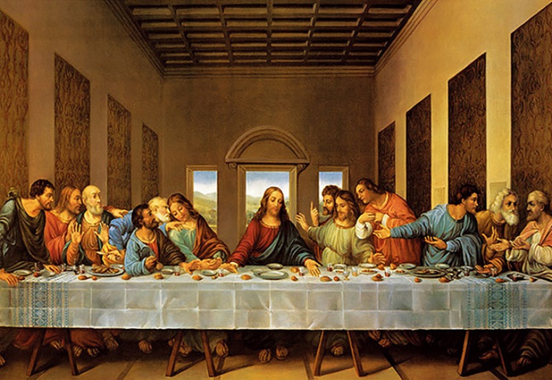 왼쪽부터 바로톨로메오, 세베대의 큰 아들 야고보, 안드레아, 베드로, 가롯유다, 요한, 예수, 알패오의 아들 야고보, 도마, 빌립보, 마태, 다대오의 유다, 시몬의 순